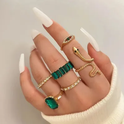Luxury Rhinestone Sanke Green Finger Ring Set (6 pcs)